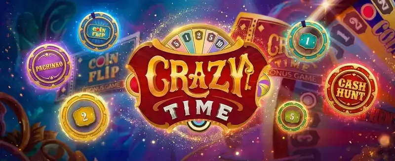 Segmentos e ícones de rodadas bônus do Crazy Time — Pachinko, Coin Flip, Cash Hunt com fichas numéricas