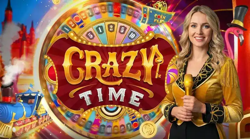 Crazy Time ao vivo — apresentador com a roda da fortuna e cards de rodadas bônus
